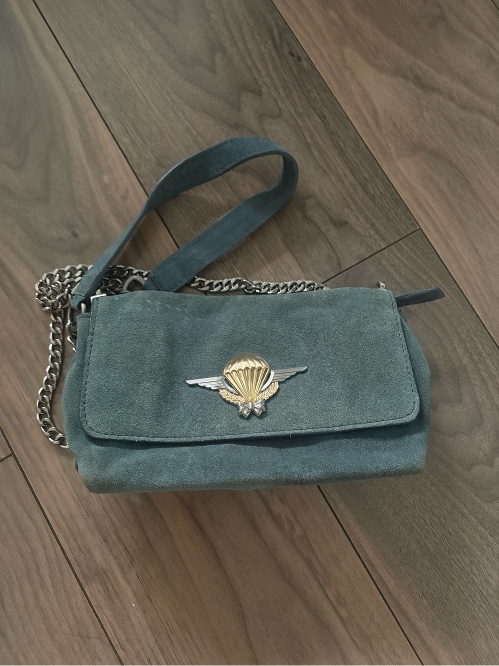 ZARA WOMAN blue Suede purse with silver chain
